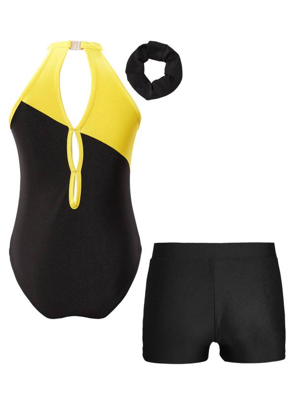 Kids Girls 3pcs Sleeveless Rhinestone Leotards with Shorts Sport Sets thumb