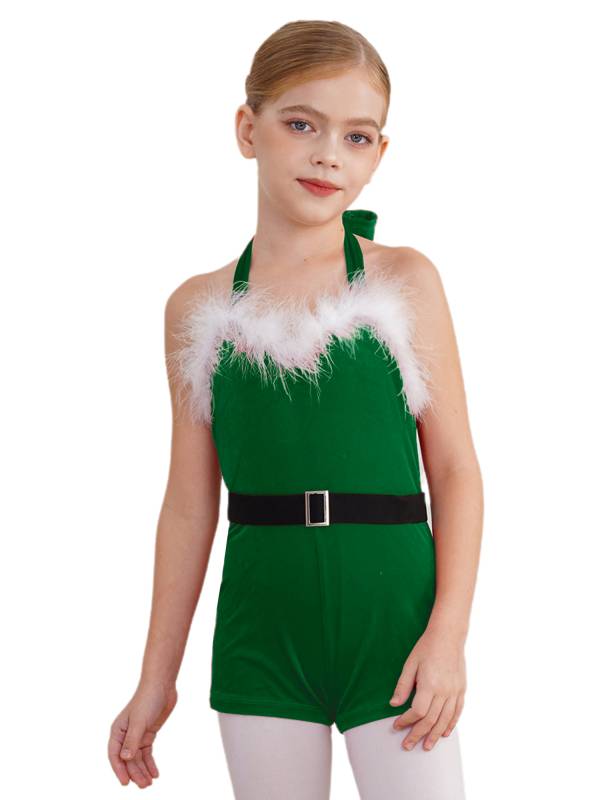 Kids Girls Christmas Santa Claus Halter Neck Sleeveless Velvet Romper with Belt thumb