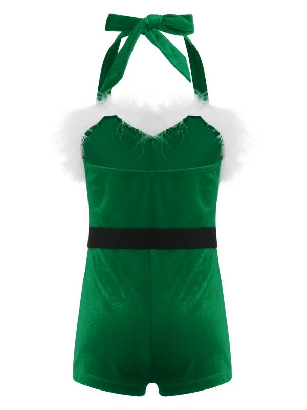 Kids Girls Christmas Santa Claus Halter Neck Sleeveless Velvet Romper with Belt thumb