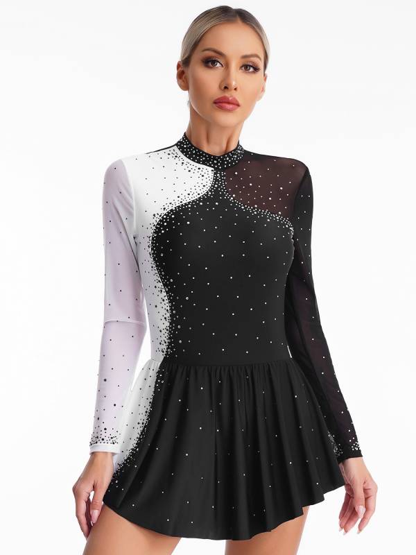 Women Long Sleeve Sparkly Rhinestone Figure Skating Leotard Dress thumb