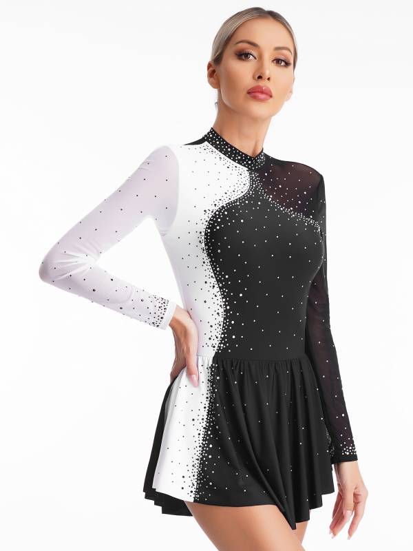 Women Long Sleeve Sparkly Rhinestone Figure Skating Leotard Dress thumb