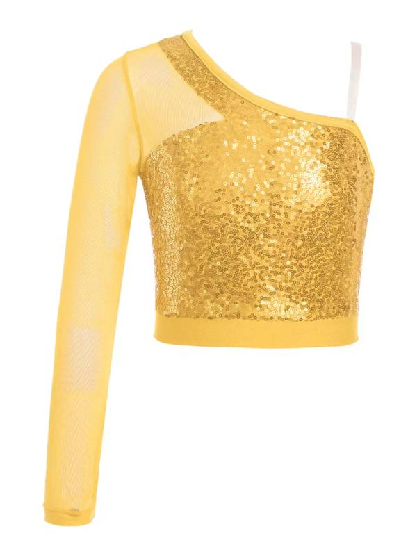 Kids Girls Sparkly Sequin One Shoulder Jazz Dance Crop Top thumb