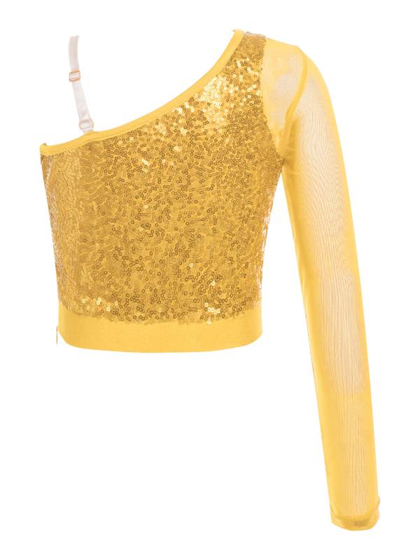 Kids Girls Sparkly Sequin One Shoulder Jazz Dance Crop Top thumb