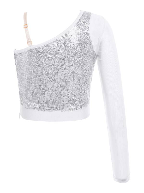 Kids Girls Sparkly Sequin One Shoulder Jazz Dance Crop Top thumb