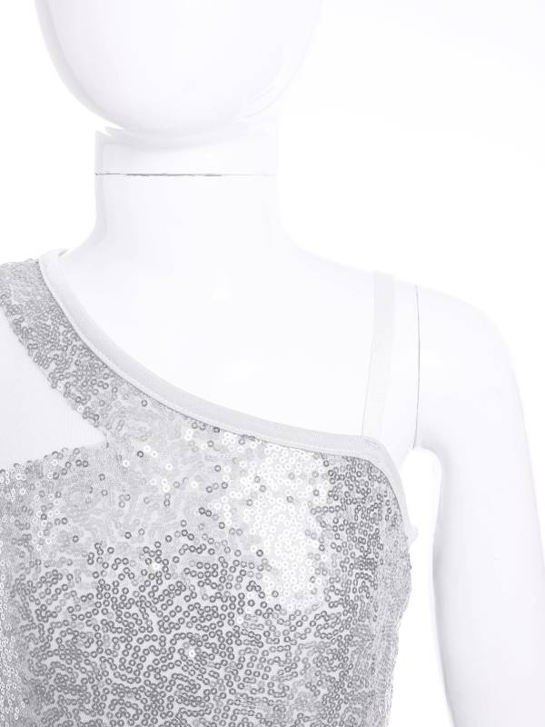 Kids Girls Sparkly Sequin One Shoulder Jazz Dance Crop Top thumb