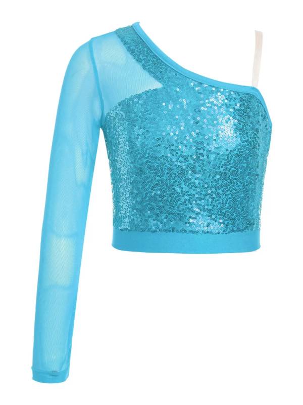 Kids Girls Sparkly Sequin One Shoulder Jazz Dance Crop Top thumb