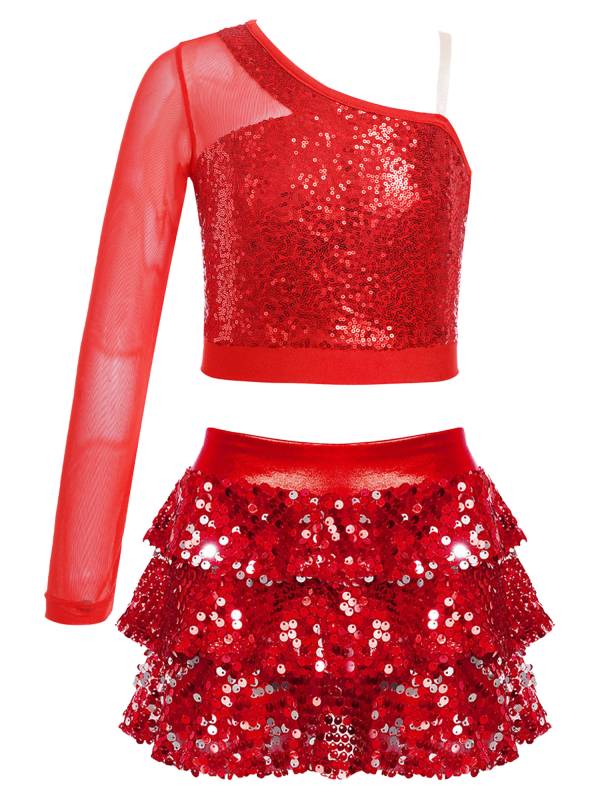 Kids Girls 2pcs Sequins One Shoulder Crop Top and Skirt Jazz Dance Set thumb