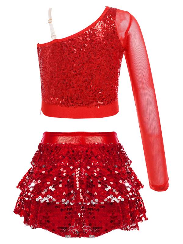 Kids Girls 2pcs Sequins One Shoulder Crop Top and Skirt Jazz Dance Set thumb