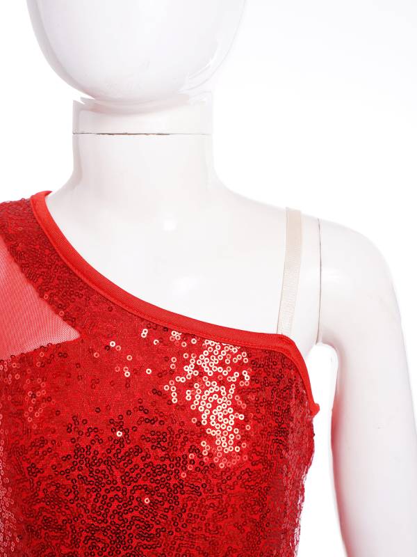Kids Girls 2pcs Sequins One Shoulder Crop Top and Skirt Jazz Dance Set thumb