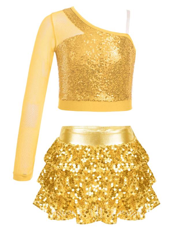 Kids Girls 2pcs Sequins One Shoulder Crop Top and Skirt Jazz Dance Set thumb