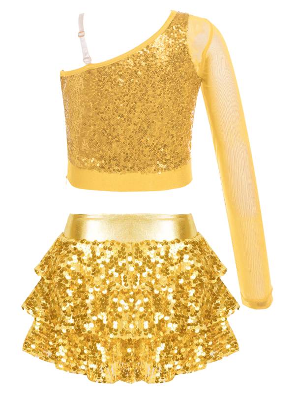 Kids Girls 2pcs Sequins One Shoulder Crop Top and Skirt Jazz Dance Set thumb