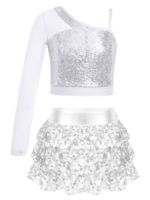Kids Girls 2pcs Sequins One Shoulder Crop Top and Skirt Jazz Dance Set thumb