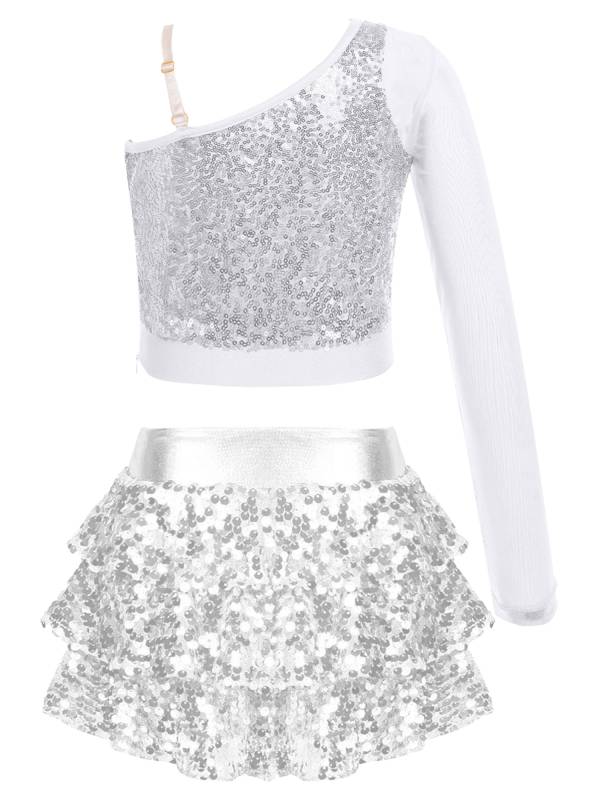 Kids Girls 2pcs Sequins One Shoulder Crop Top and Skirt Jazz Dance Set thumb