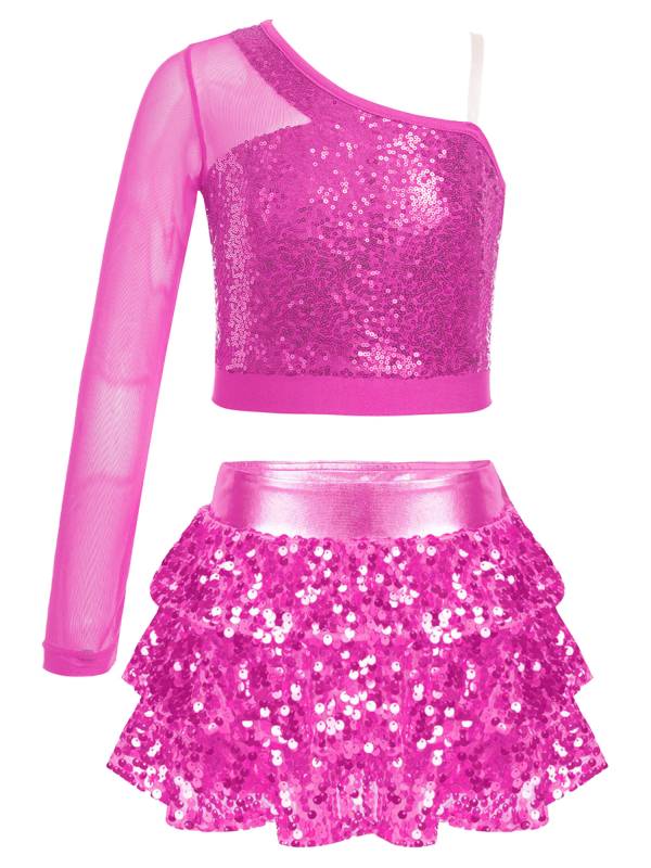 Kids Girls 2pcs Sequins One Shoulder Crop Top and Skirt Jazz Dance Set thumb