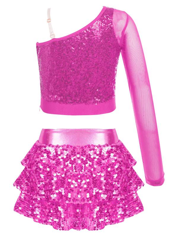 Kids Girls 2pcs Sequins One Shoulder Crop Top and Skirt Jazz Dance Set thumb