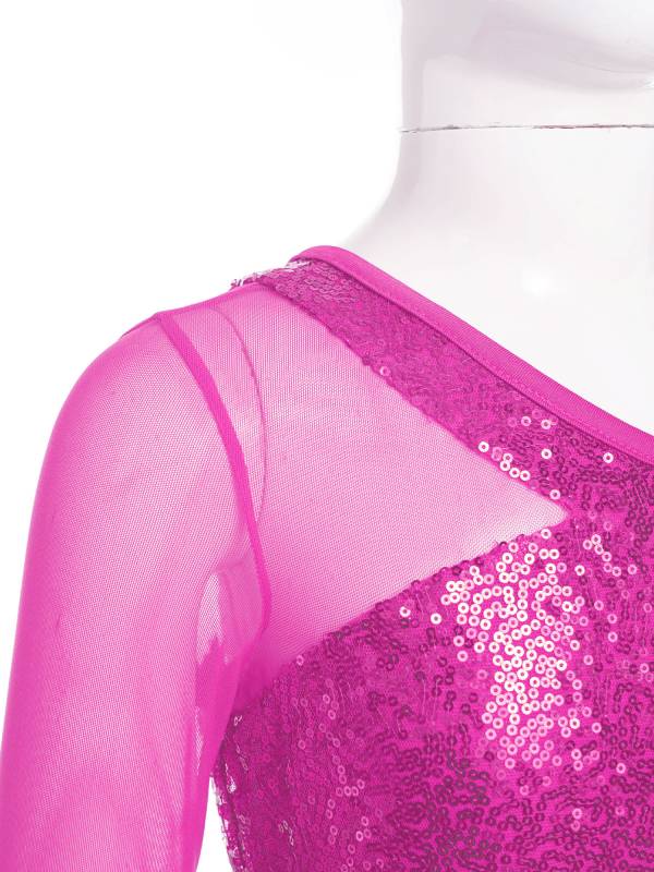Kids Girls 2pcs Sequins One Shoulder Crop Top and Skirt Jazz Dance Set thumb