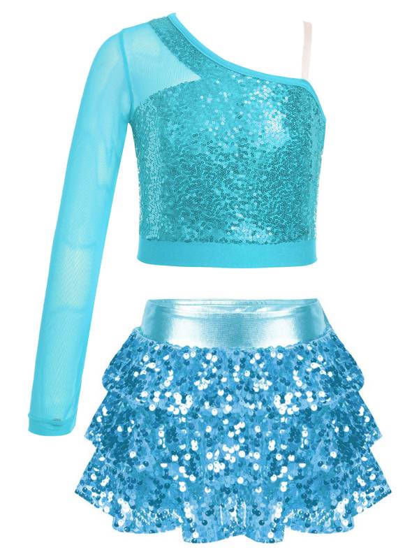 Kids Girls 2pcs Sequins One Shoulder Crop Top and Skirt Jazz Dance Set thumb