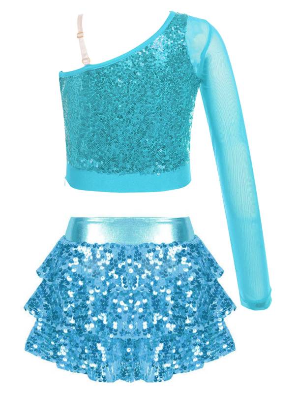 Kids Girls 2pcs Sequins One Shoulder Crop Top and Skirt Jazz Dance Set thumb