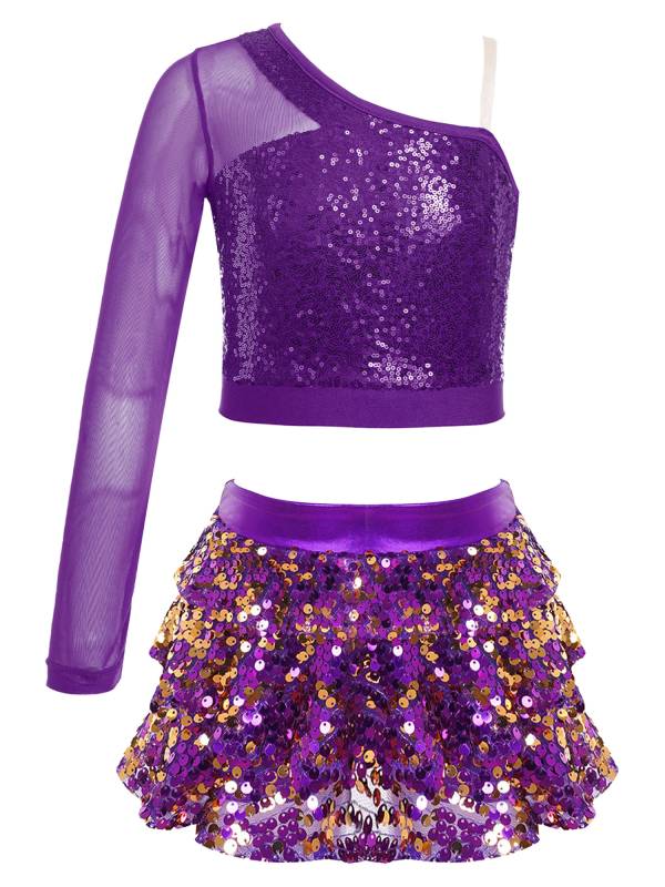 Kids Girls 2pcs Sequins One Shoulder Crop Top and Skirt Jazz Dance Set thumb