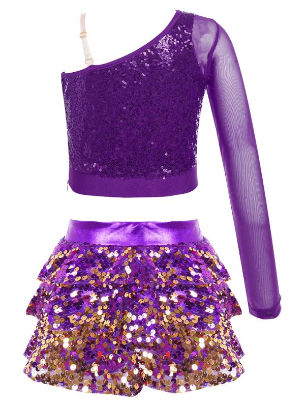 Kids Girls 2pcs Sequins One Shoulder Crop Top and Skirt Jazz Dance Set thumb