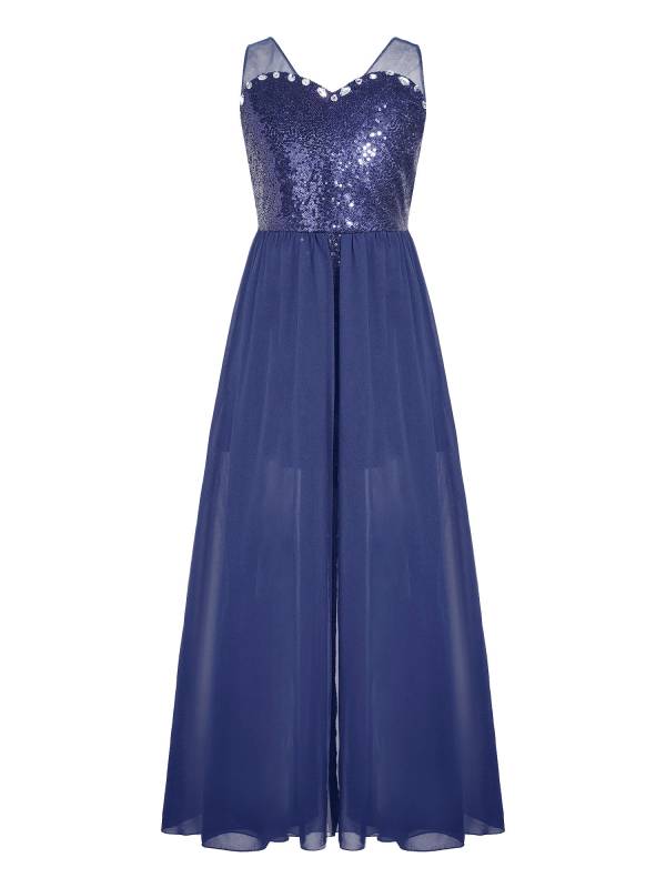 Kids Girls Sleeveless V Neck Sequin Romper Party Gown Prom Dress thumb