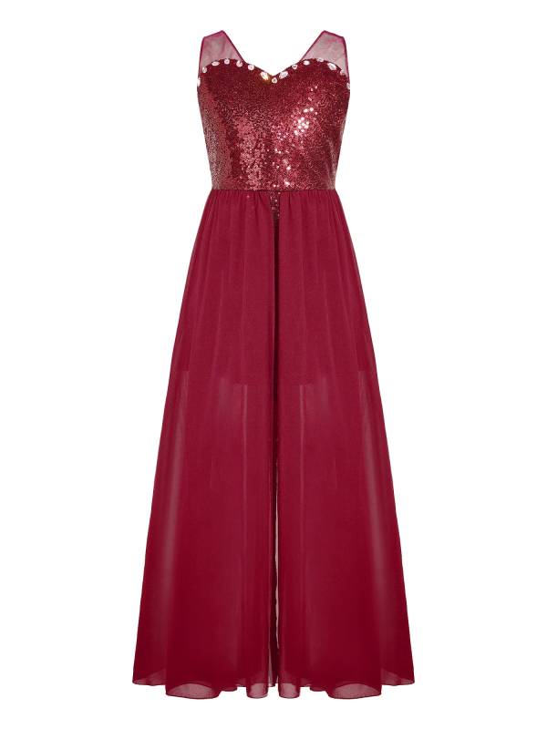 Kids Girls Sleeveless V Neck Sequin Romper Party Gown Prom Dress thumb