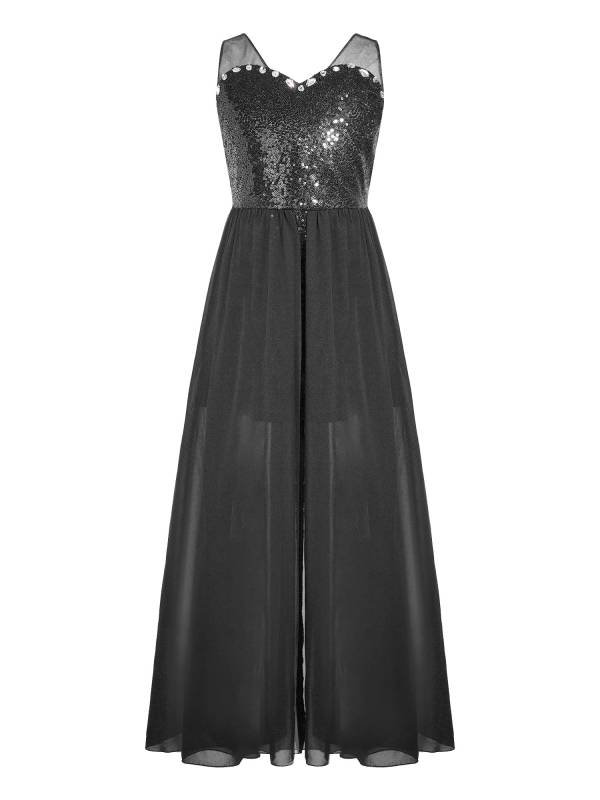 Kids Girls Sleeveless V Neck Sequin Romper Party Gown Prom Dress thumb