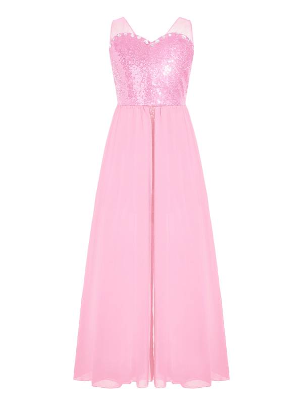 Kids Girls Sleeveless V Neck Sequin Romper Party Gown Prom Dress thumb