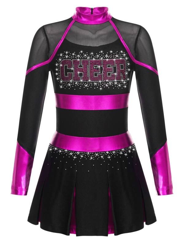 Girls Long Sleeve Shiny Rhinestones Metallic Cheerlead Pleated Dress thumb