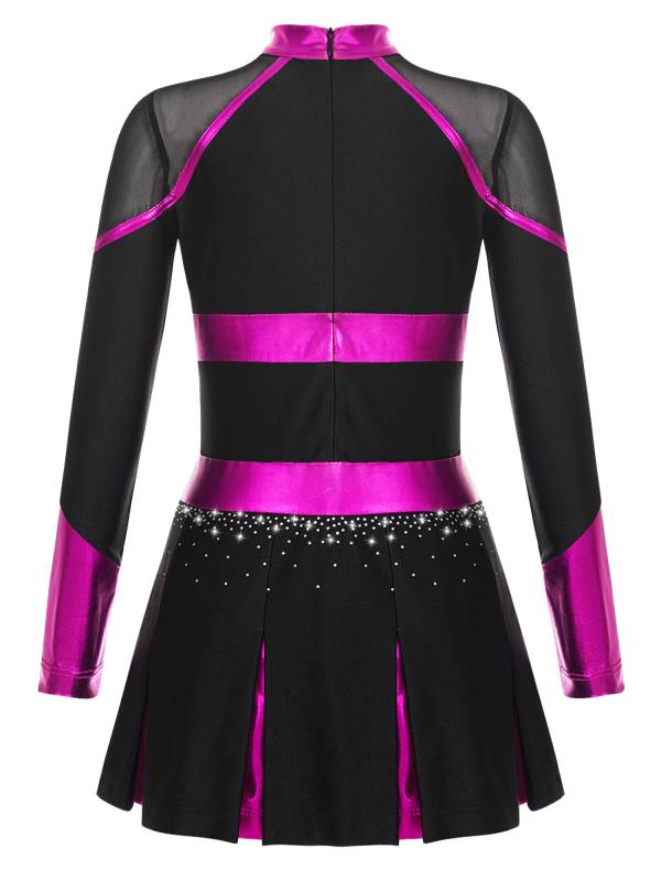 Girls Long Sleeve Shiny Rhinestones Metallic Cheerlead Pleated Dress thumb