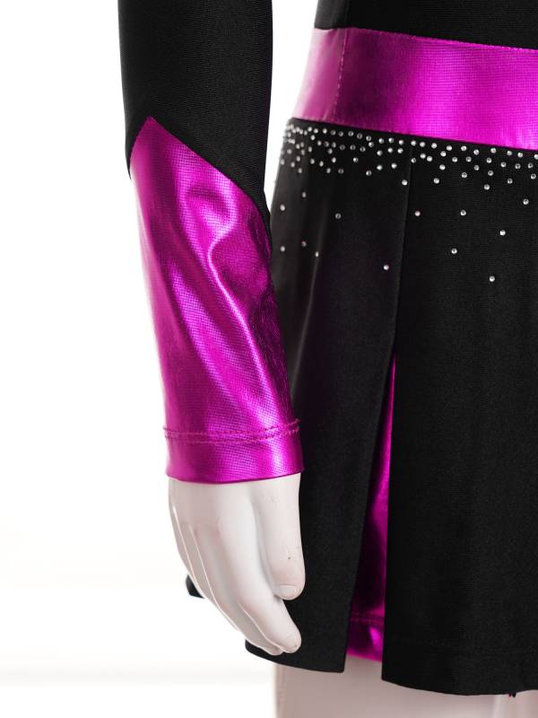 Girls Long Sleeve Shiny Rhinestones Metallic Cheerlead Pleated Dress thumb