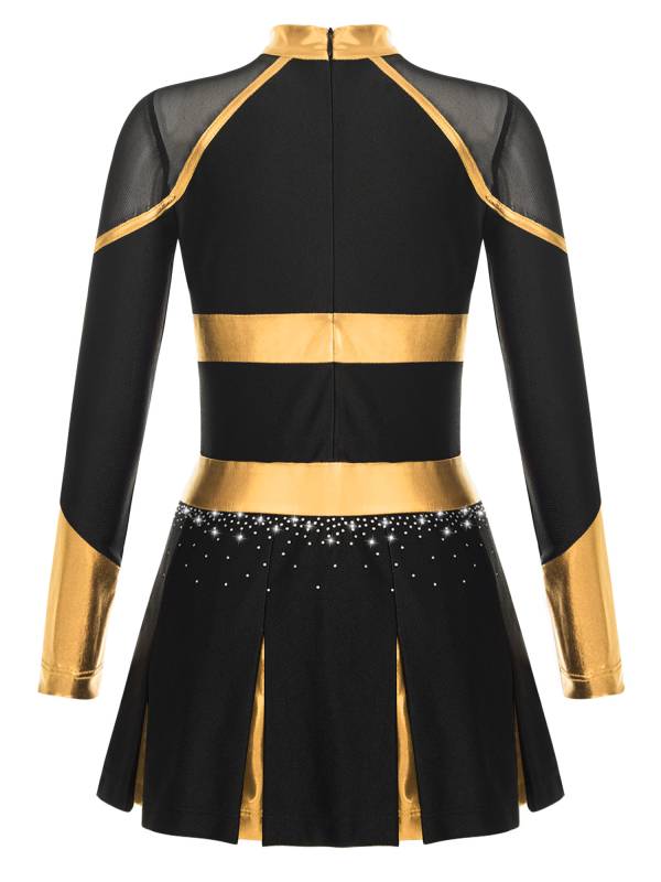 Girls Long Sleeve Shiny Rhinestones Metallic Cheerlead Pleated Dress thumb