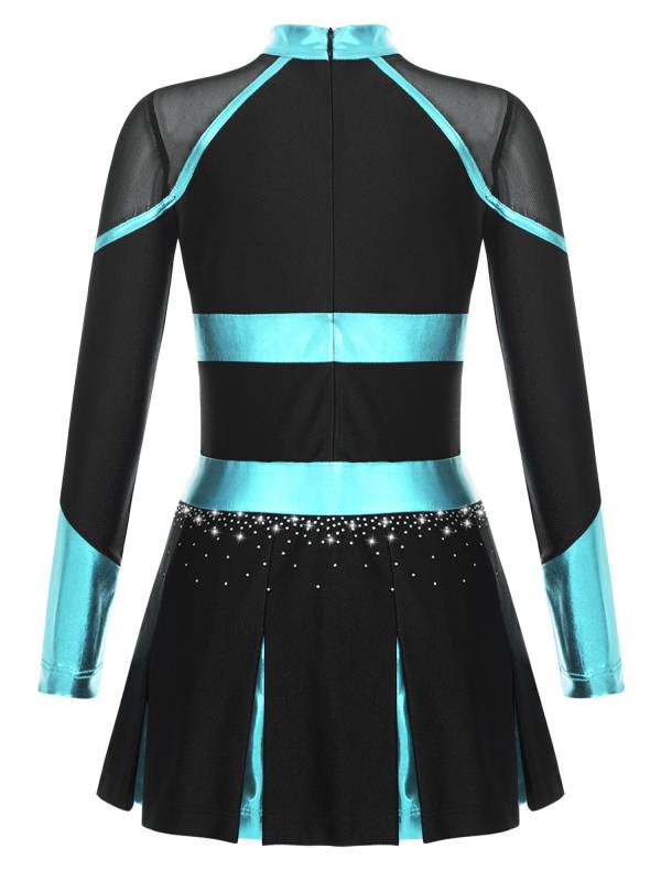 Girls Long Sleeve Shiny Rhinestones Metallic Cheerlead Pleated Dress thumb