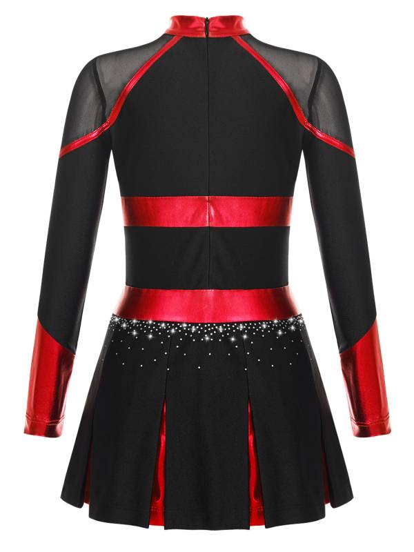 Girls Long Sleeve Shiny Rhinestones Metallic Cheerlead Pleated Dress thumb