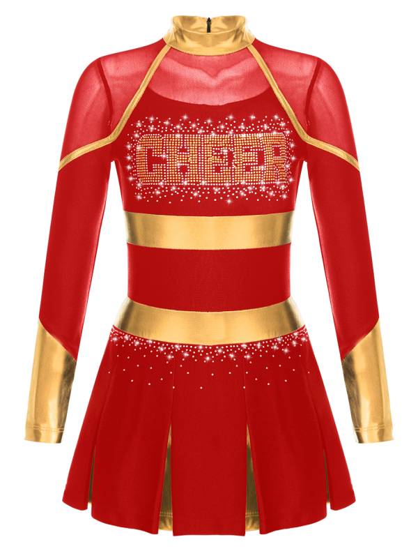 Girls Long Sleeve Shiny Rhinestones Metallic Cheerlead Pleated Dress thumb