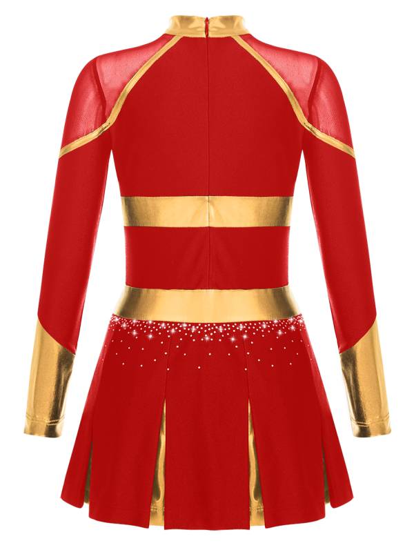 Girls Long Sleeve Shiny Rhinestones Metallic Cheerlead Pleated Dress thumb
