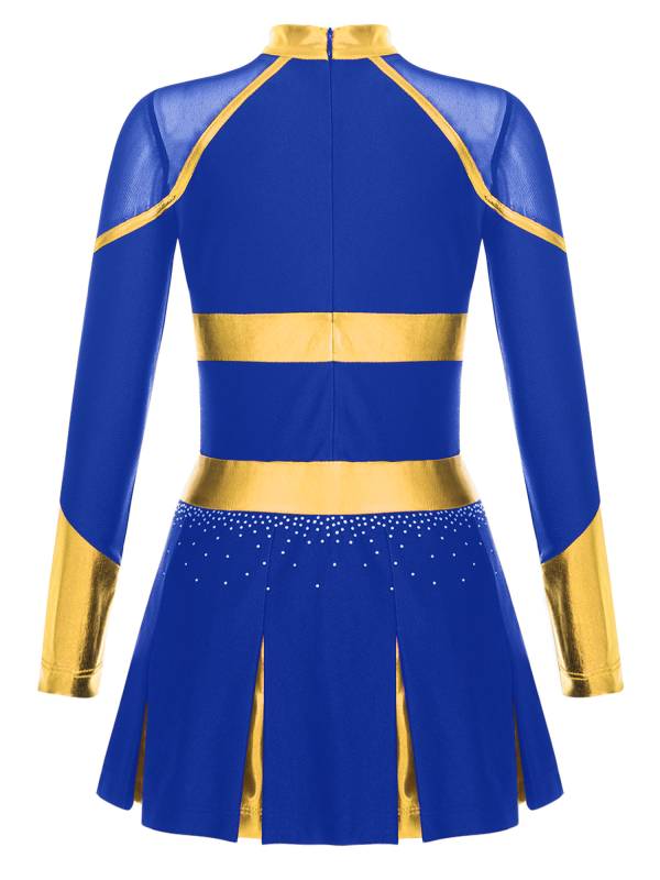 Girls Long Sleeve Shiny Rhinestones Metallic Cheerlead Pleated Dress thumb