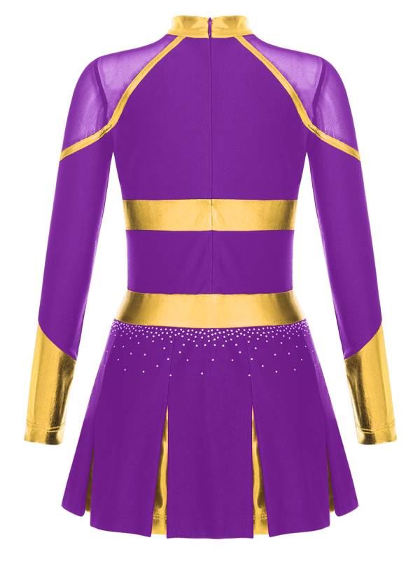 Girls Long Sleeve Shiny Rhinestones Metallic Cheerlead Pleated Dress thumb