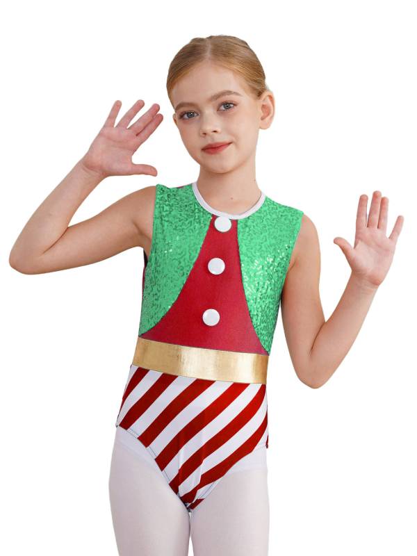 Kids Girls Christmas Sleeveless Hollow Back Sequins Stripes Bodysuit thumb