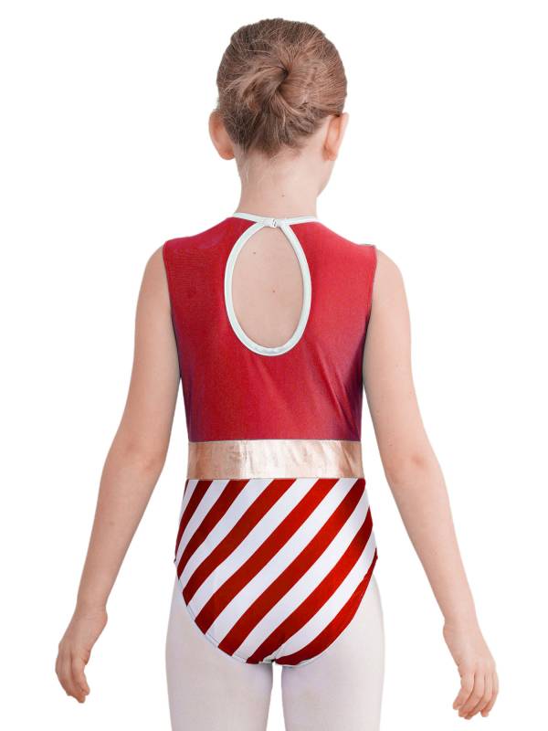 Kids Girls Christmas Sleeveless Hollow Back Sequins Stripes Bodysuit thumb