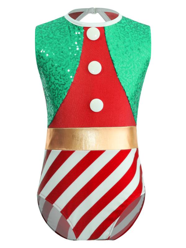 Kids Girls Christmas Sleeveless Hollow Back Sequins Stripes Bodysuit thumb