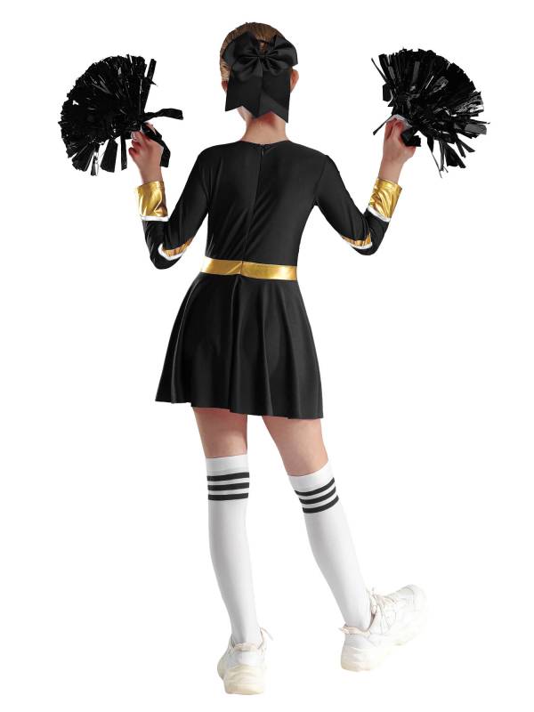 Kids Girls V Neck Long Sleeve Metallic Cheerleading Dress with Flower Balls thumb