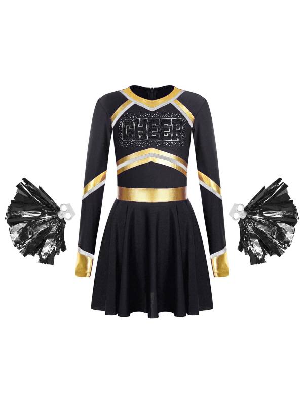 Kids Girls V Neck Long Sleeve Metallic Cheerleading Dress with Flower Balls thumb