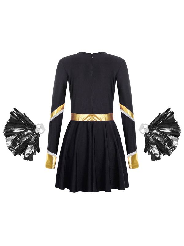 Kids Girls V Neck Long Sleeve Metallic Cheerleading Dress with Flower Balls thumb
