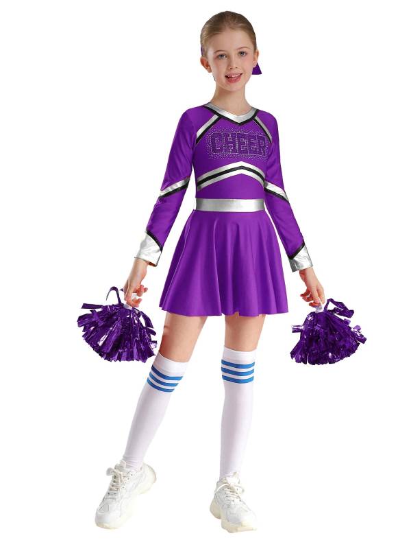 Kids Girls V Neck Long Sleeve Metallic Cheerleading Dress with Flower Balls thumb