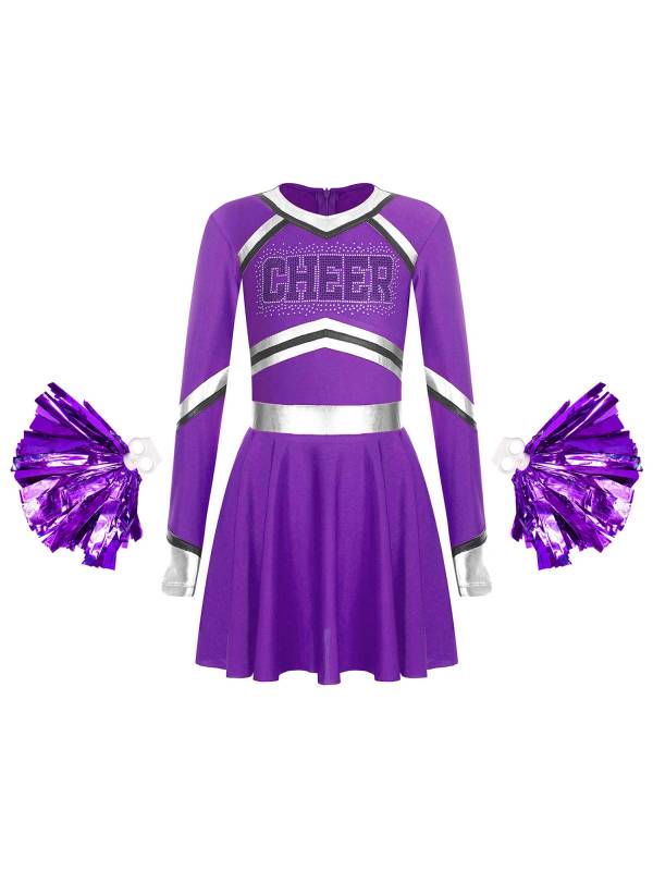 Kids Girls V Neck Long Sleeve Metallic Cheerleading Dress with Flower Balls thumb