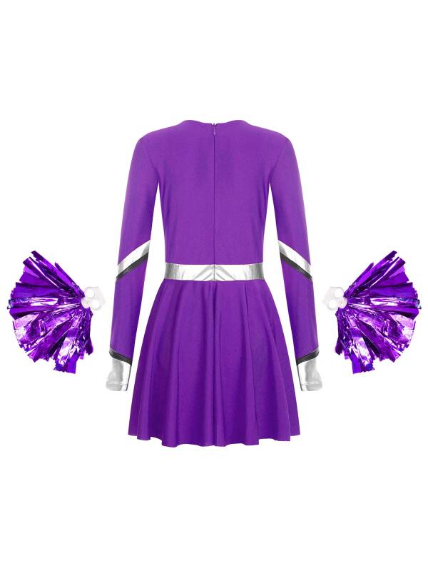 Kids Girls V Neck Long Sleeve Metallic Cheerleading Dress with Flower Balls thumb