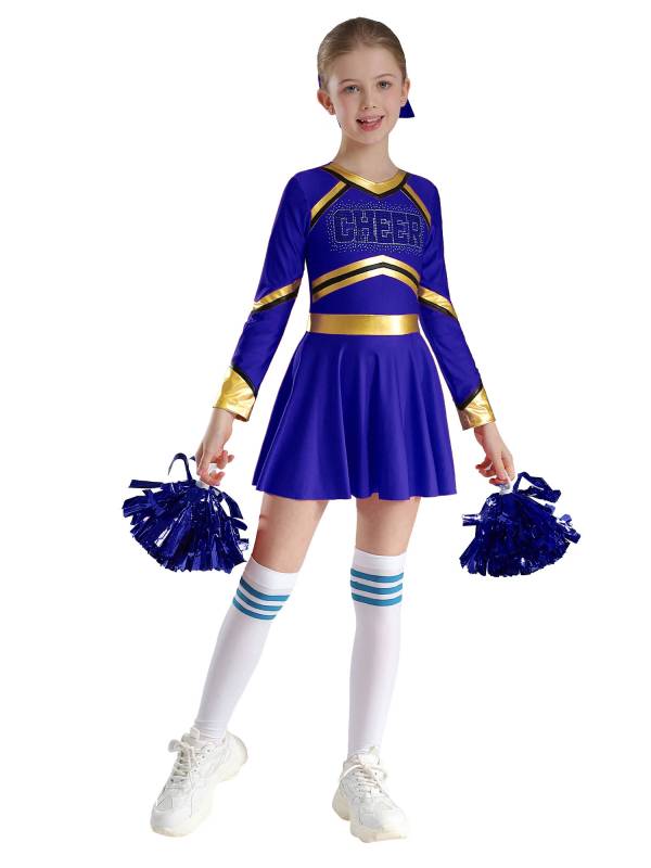 Kids Girls V Neck Long Sleeve Metallic Cheerleading Dress with Flower Balls thumb