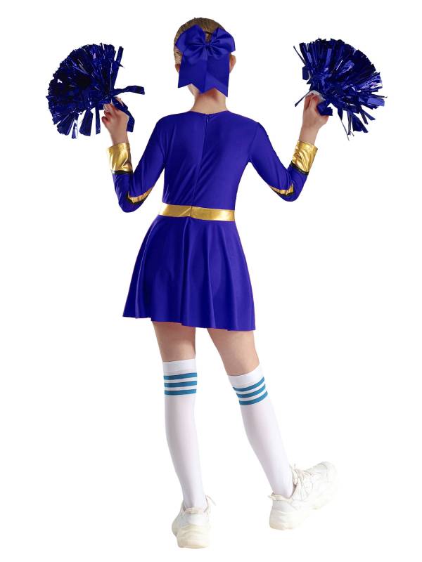 Kids Girls V Neck Long Sleeve Metallic Cheerleading Dress with Flower Balls thumb