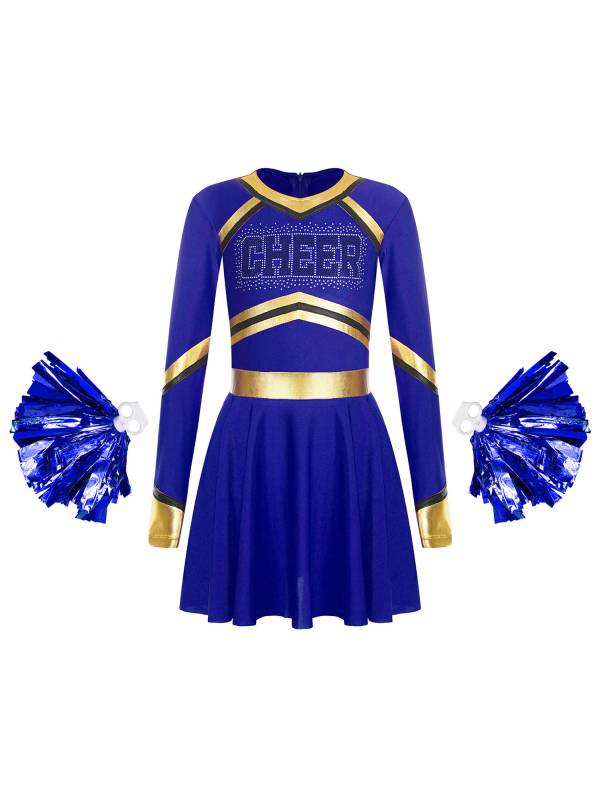 Kids Girls V Neck Long Sleeve Metallic Cheerleading Dress with Flower Balls thumb